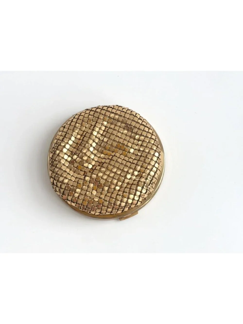 Rare Elgin American Powder Gold Toned STELLA Enamel & Mesh Hinged Mirror Compact